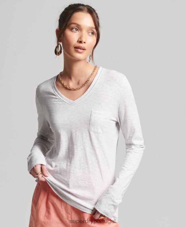 blusa de manga longa com bolso e decote em V de algodão orgânico mulheres cinza claro roupas Superdry 2208H6510