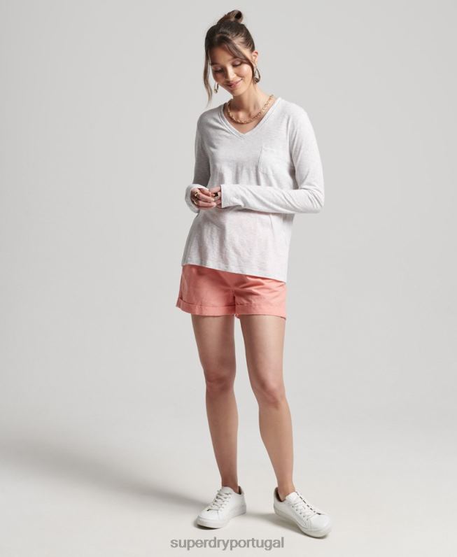 blusa de manga longa com bolso e decote em V de algodão orgânico mulheres cinza claro roupas Superdry 2208H6510