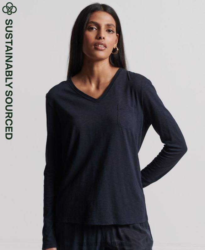 blusa de manga longa com bolso e decote em V de algodão orgânico mulheres marinha roupas Superdry 2208H6547