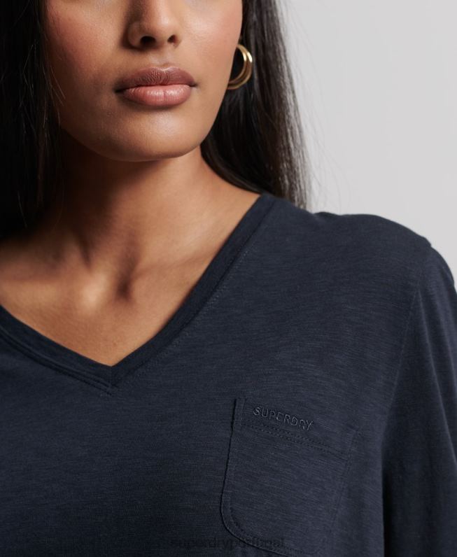 blusa de manga longa com bolso e decote em V de algodão orgânico mulheres marinha roupas Superdry 2208H6547
