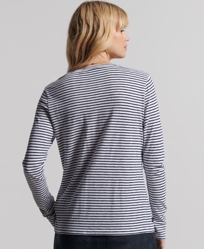 blusa de manga longa com bolso e decote em V de algodão orgânico mulheres marinha roupas Superdry 2208H6570