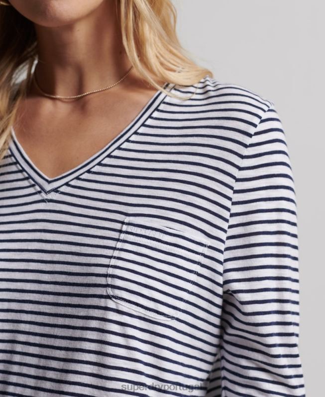 blusa de manga longa com bolso e decote em V de algodão orgânico mulheres marinha roupas Superdry 2208H6570
