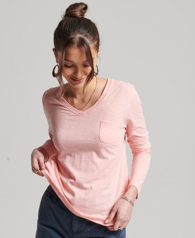 blusa de manga longa com bolso e decote em V de algodão orgânico mulheres rosa roupas Superdry 2208H6552