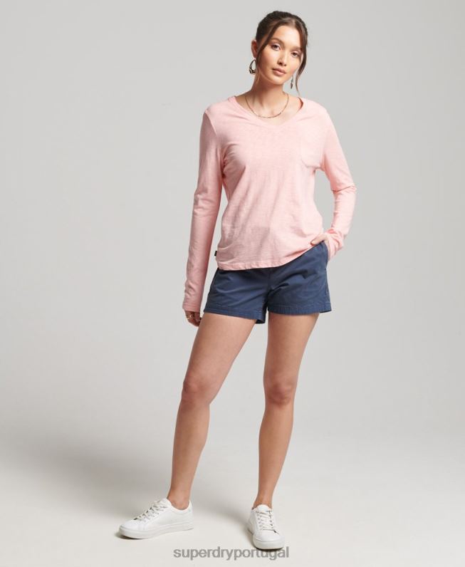 blusa de manga longa com bolso e decote em V de algodão orgânico mulheres rosa roupas Superdry 2208H6552