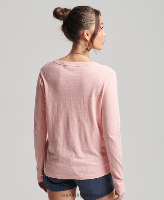 blusa de manga longa com bolso e decote em V de algodão orgânico mulheres rosa roupas Superdry 2208H6552