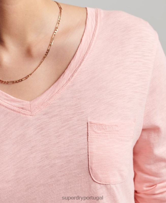 blusa de manga longa com bolso e decote em V de algodão orgânico mulheres rosa roupas Superdry 2208H6552