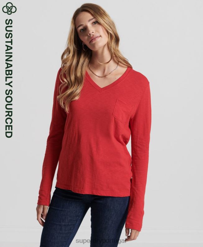 blusa de manga longa com bolso e decote em V de algodão orgânico mulheres vermelho roupas Superdry 2208H6660