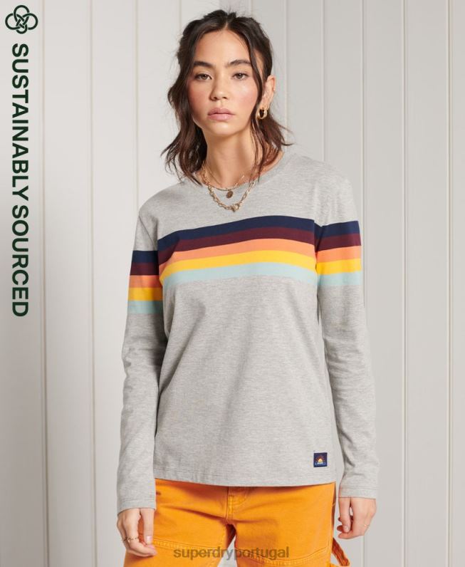 blusa de manga longa com listras cali de algodão orgânico mulheres cinza claro roupas Superdry 2208H6781
