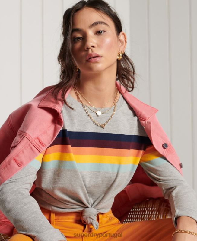 blusa de manga longa com listras cali de algodão orgânico mulheres cinza claro roupas Superdry 2208H6781