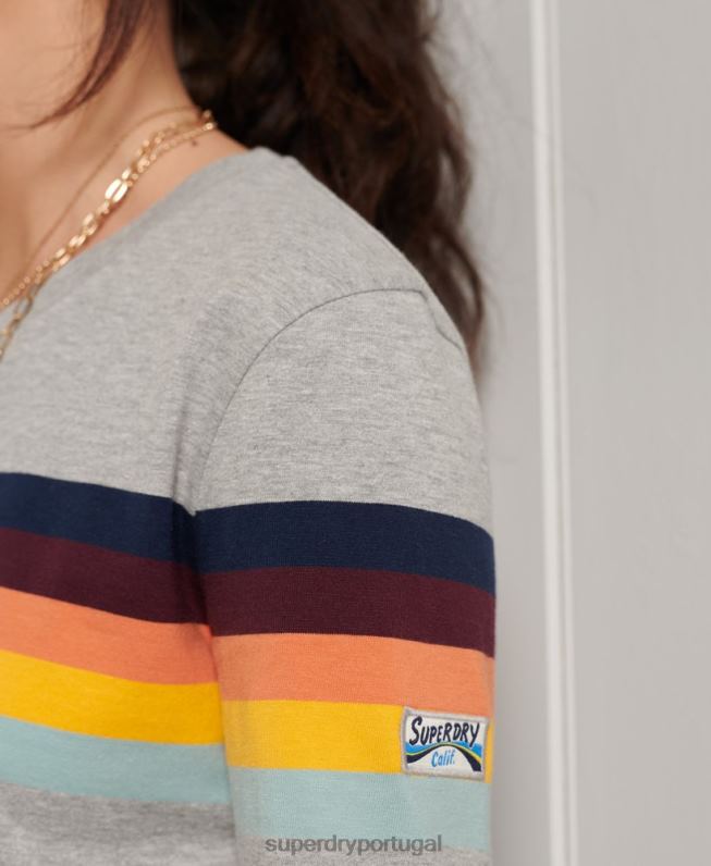 blusa de manga longa com listras cali de algodão orgânico mulheres cinza claro roupas Superdry 2208H6781