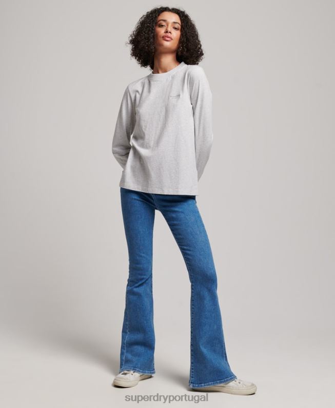 blusa de manga longa com logo vintage de algodão orgânico mulheres cinza claro roupas Superdry 2208H2971
