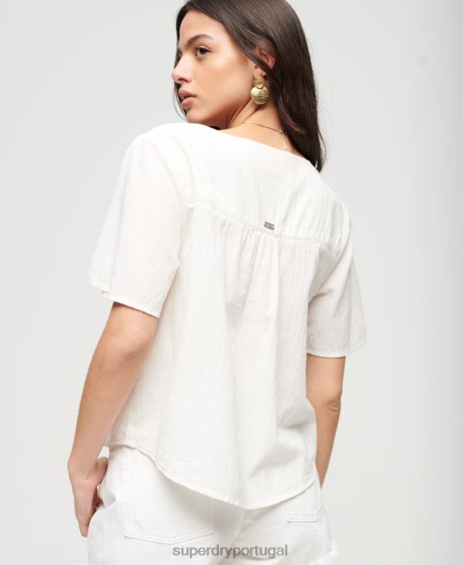 blusa manga curta com botões bordados mulheres creme roupas Superdry 2208H2078