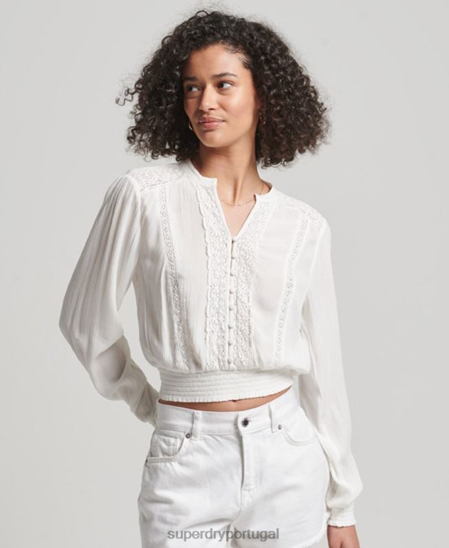 blusa manga longa com acabamento em renda mulheres creme roupas Superdry 2208H2270