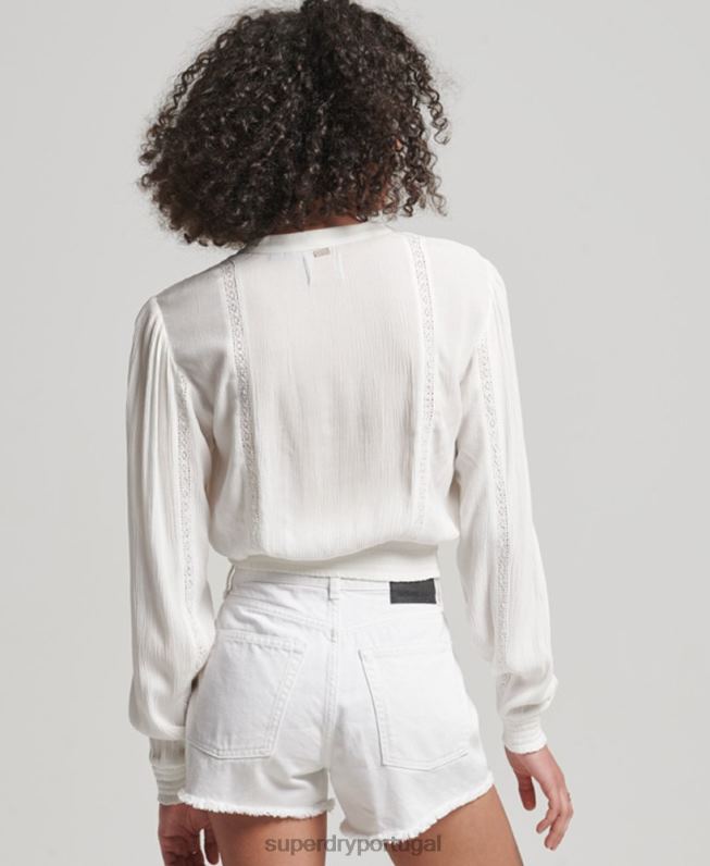 blusa manga longa com acabamento em renda mulheres creme roupas Superdry 2208H2270