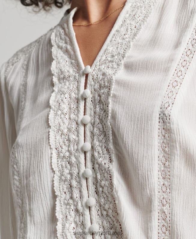 blusa manga longa com acabamento em renda mulheres creme roupas Superdry 2208H2270