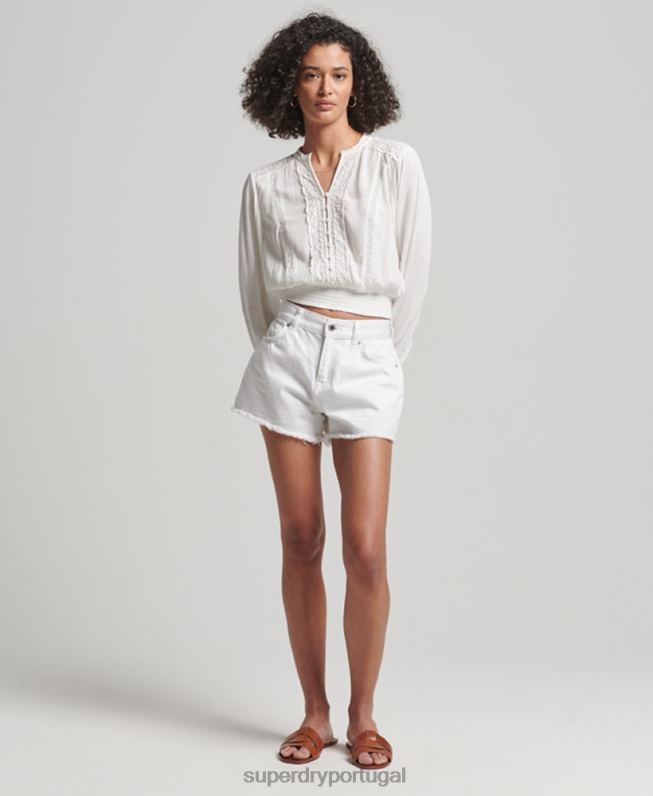 blusa manga longa com acabamento em renda mulheres creme roupas Superdry 2208H2270