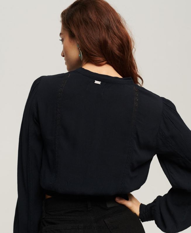 blusa manga longa com acabamento em renda mulheres marinha roupas Superdry 2208H2897