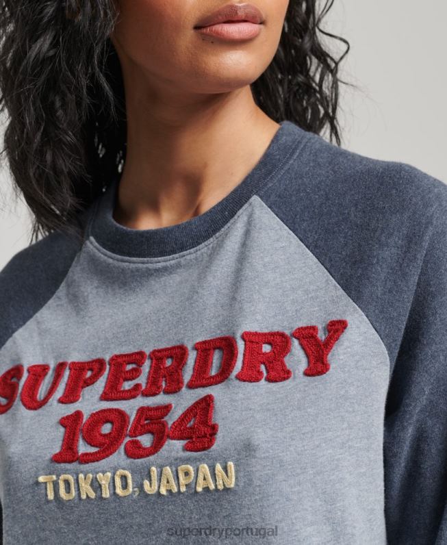 blusa manga longa raglã logo vintage mulheres azul roupas Superdry 2208H2266