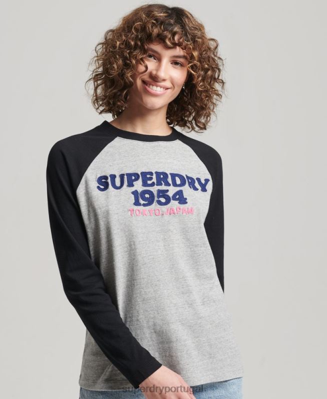 blusa manga longa raglã logo vintage mulheres cinza roupas Superdry 2208H2136