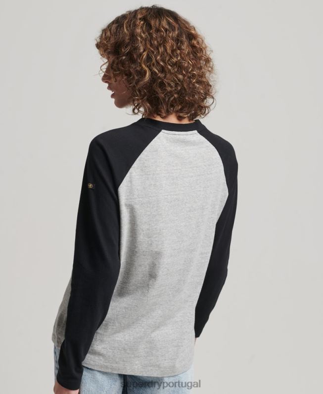 blusa manga longa raglã logo vintage mulheres cinza roupas Superdry 2208H2136