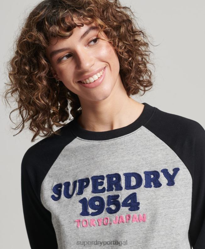 blusa manga longa raglã logo vintage mulheres cinza roupas Superdry 2208H2136