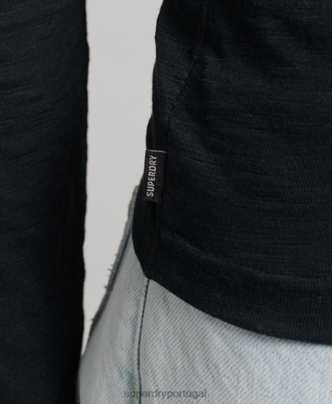 camisa henley manga longa slub jersey mulheres preto roupas Superdry 2208H3037