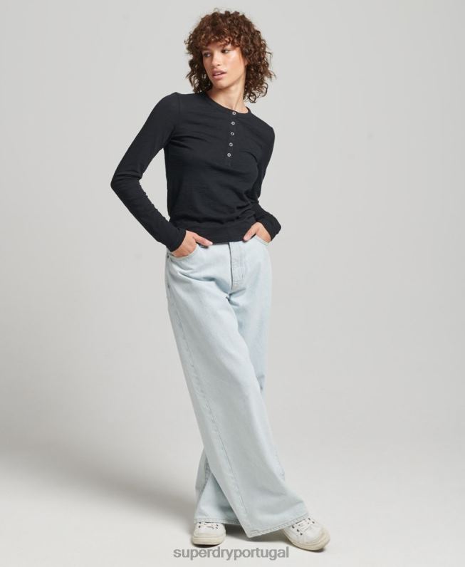 camisa henley manga longa slub jersey mulheres preto roupas Superdry 2208H3037