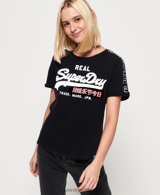camiseta boxy manga com logo vintage mulheres preto roupas Superdry 2208H2866