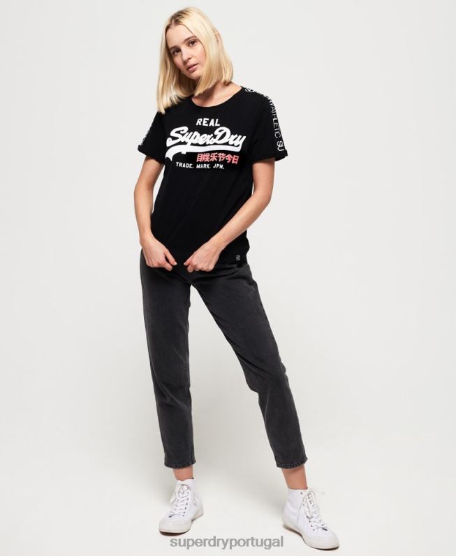 camiseta boxy manga com logo vintage mulheres preto roupas Superdry 2208H2866