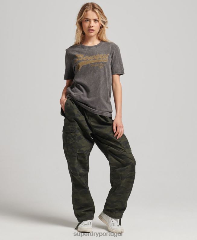 camiseta com logotipo gráfico embelezado mulheres cinza escuro roupas Superdry 2208H6208