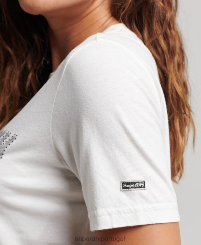 camiseta com logotipo gráfico embelezado mulheres creme roupas Superdry 2208H6188