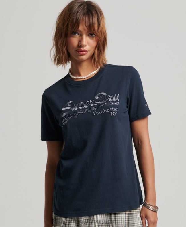 camiseta com logotipo gráfico embelezado mulheres marinha roupas Superdry 2208H6203