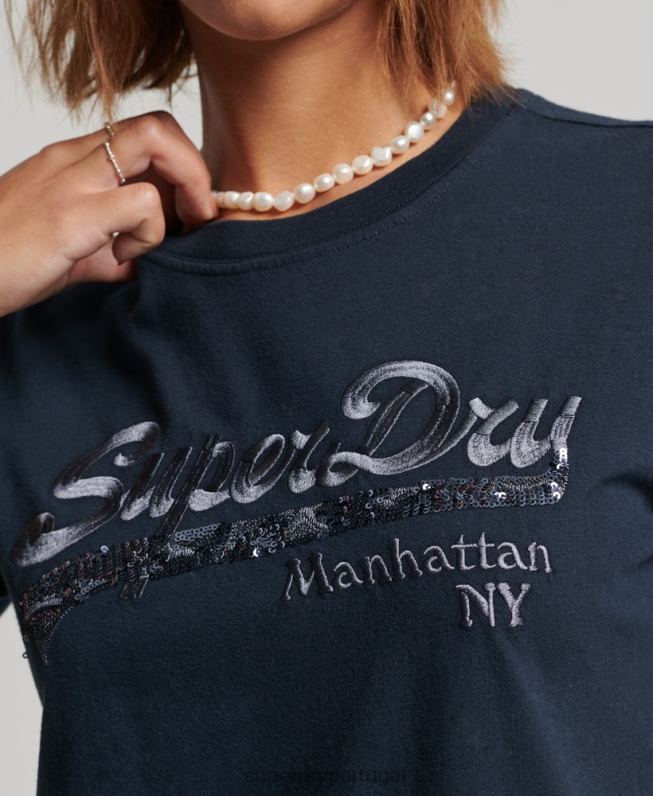 camiseta com logotipo gráfico embelezado mulheres marinha roupas Superdry 2208H6203