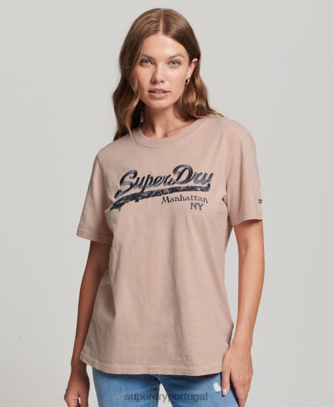 camiseta com logotipo gráfico embelezado mulheres rosa roupas Superdry 2208H6205