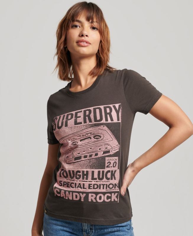 camiseta com pôster lo-fi mulheres cinza escuro roupas Superdry 2208H2658