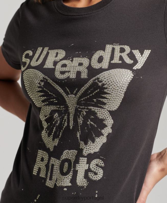 camiseta com pôster lo-fi mulheres cinza escuro roupas Superdry 2208H2665