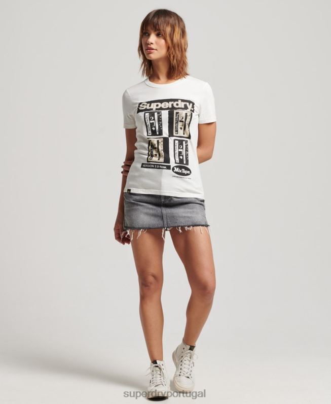 camiseta com pôster lo-fi mulheres creme roupas Superdry 2208H2688