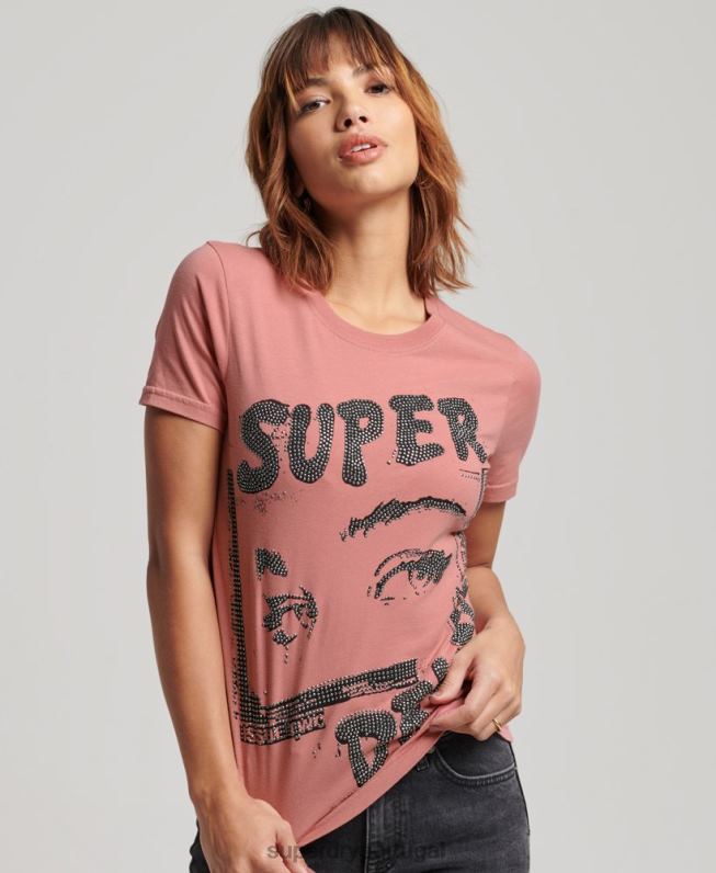 camiseta com pôster lo-fi mulheres rosa roupas Superdry 2208H2698