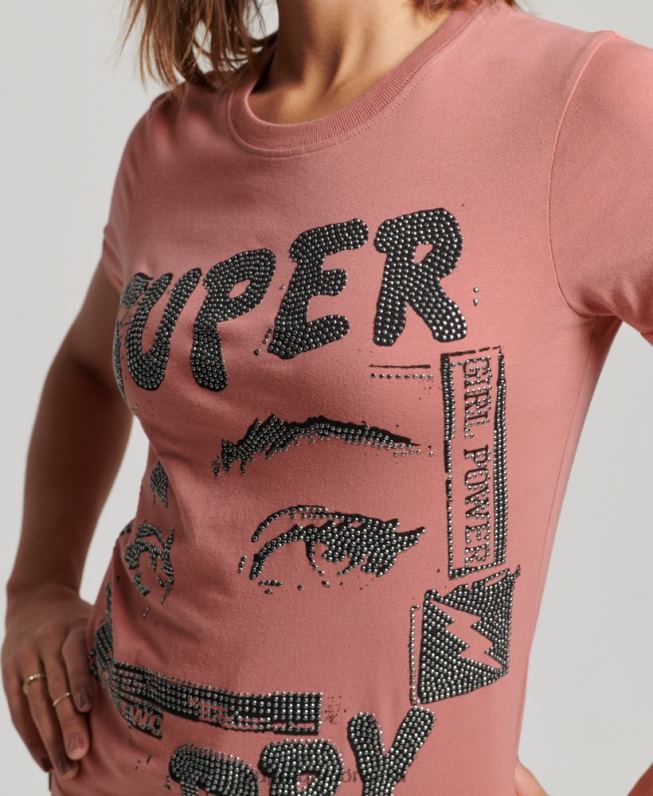 camiseta com pôster lo-fi mulheres rosa roupas Superdry 2208H2698