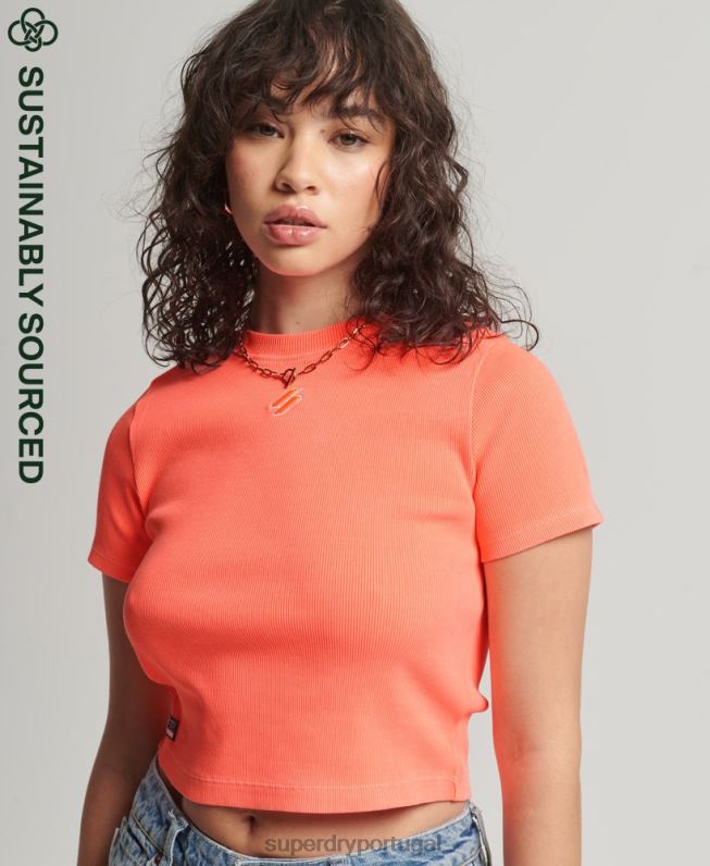 camiseta crop ajustada essencial de algodão orgânico mulheres coral roupas Superdry 2208H6207