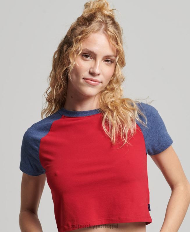 camiseta de beisebol cortada de algodão orgânico mulheres marinha roupas Superdry 2208H6238