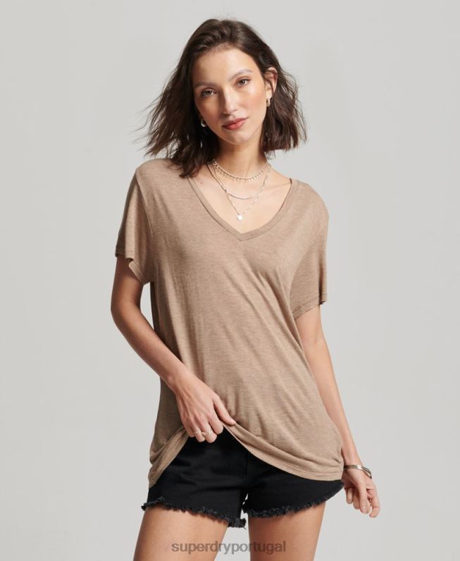 camiseta decote em v slub mulheres bronzeado roupas Superdry 2208H2730