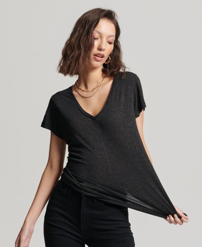 camiseta decote em v slub mulheres preto roupas Superdry 2208H2615
