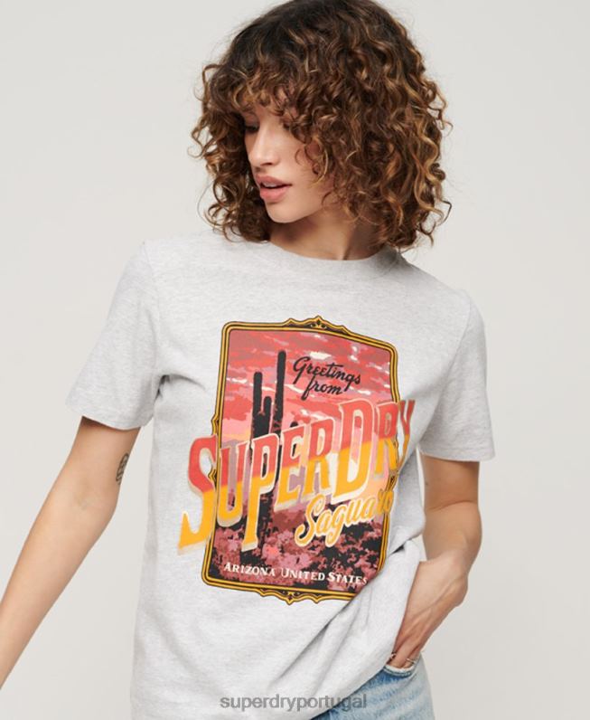 camiseta estampada lembrança de viagem mulheres cinza roupas Superdry 2208H2622