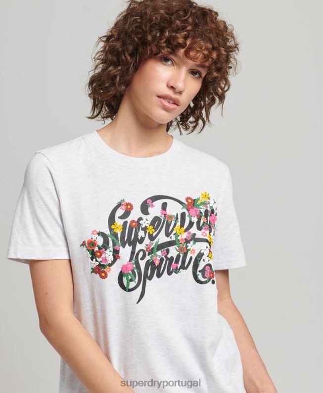camiseta floral estilo script mulheres cinza claro roupas Superdry 2208H6277