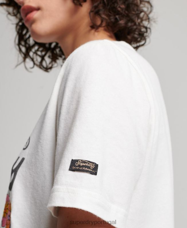 camiseta floral premium com logo vintage mulheres creme roupas Superdry 2208H2684