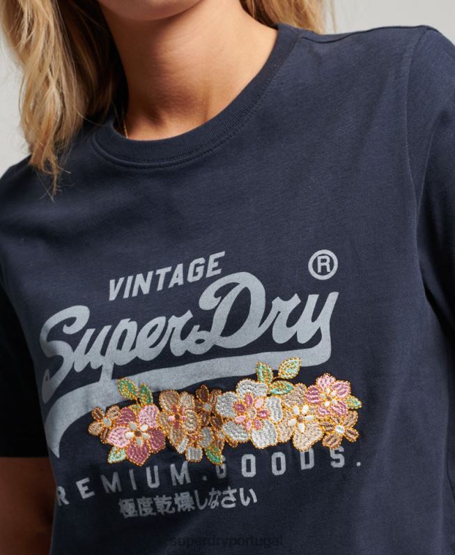 camiseta floral premium com logo vintage mulheres marinha roupas Superdry 2208H2714
