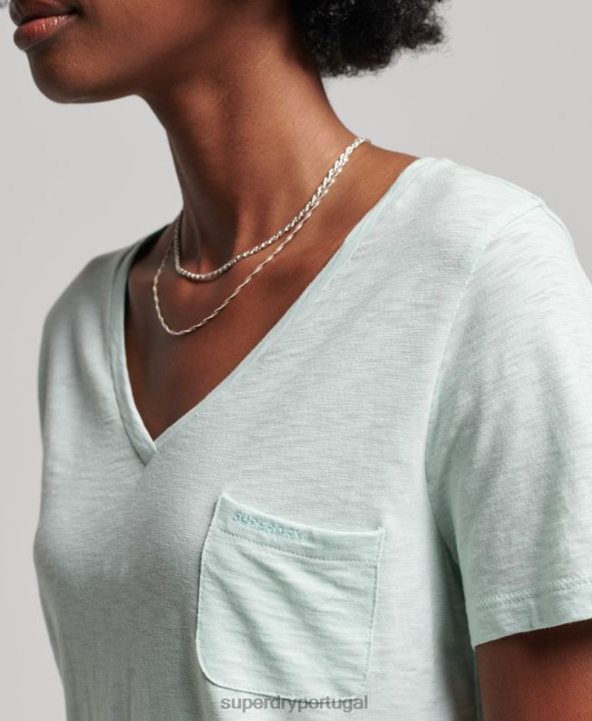 camiseta gola v com bolso em algodão orgânico mulheres verde roupas Superdry 2208H6206