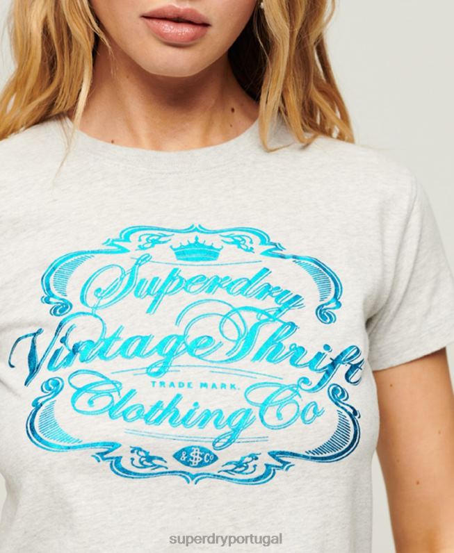 camiseta gráfica com script de roupa de trabalho mulheres cinza claro roupas Superdry 2208H2115