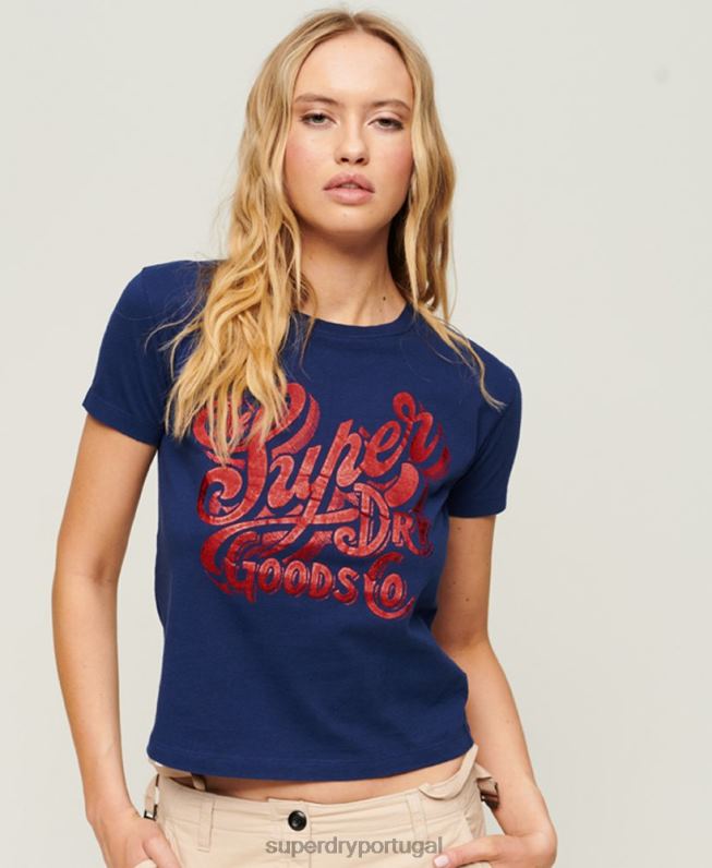 camiseta gráfica com script de roupa de trabalho mulheres marinha roupas Superdry 2208H1971